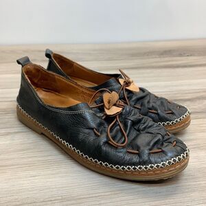 Spring Step Berna Elastic Vamp-Tie Leather Loafers Flexible Black Women 37 6.5-7